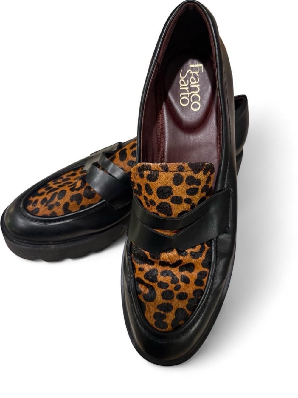 Franco Sarto Men’s Black Leather Loafers with Leopard Print